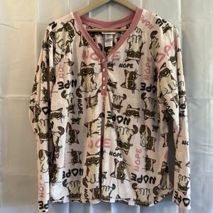 Grumpy Cat Pajamas Women XL Set‎ Pink Fleece Sleep Pants Pjs Nope 1/4 Button